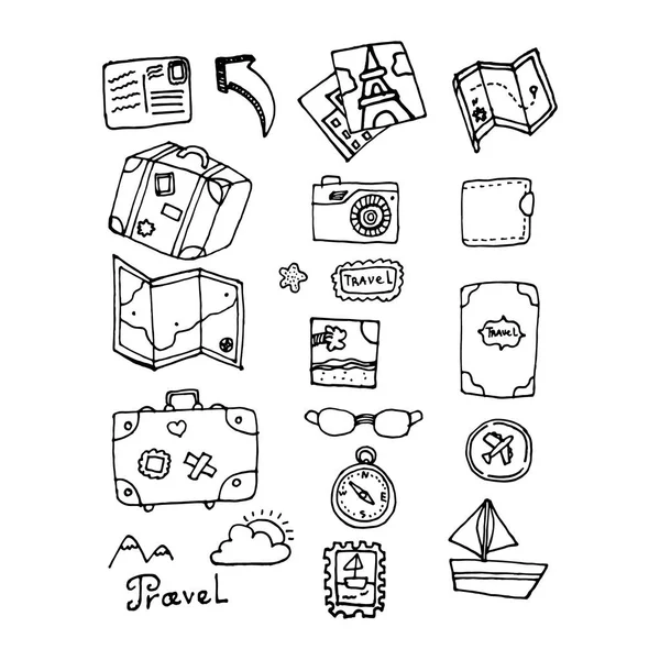 Doodle items en dingen voor reizen — Stockvector