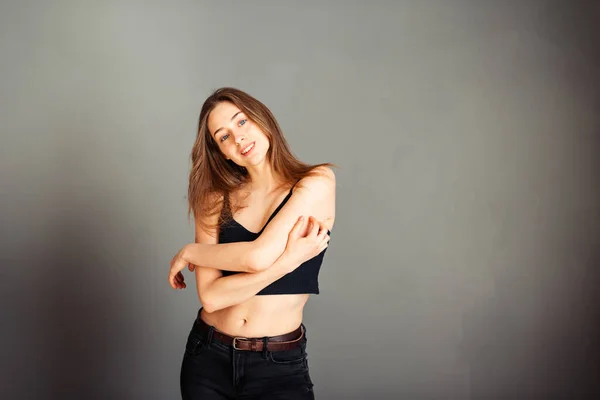 Girl Black Top Her Hair Crossed Arms Front Smile Her — Stock Photo, Image