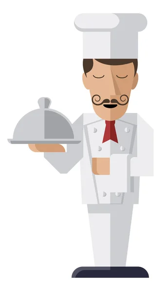 Шеф-повар держит серебряный клош — стоковый вектор