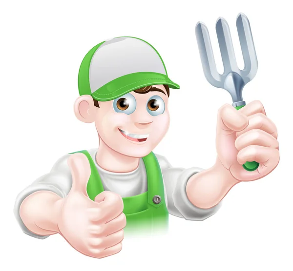 Dessin animé heureux jardinier avec fourchette — Image vectorielle