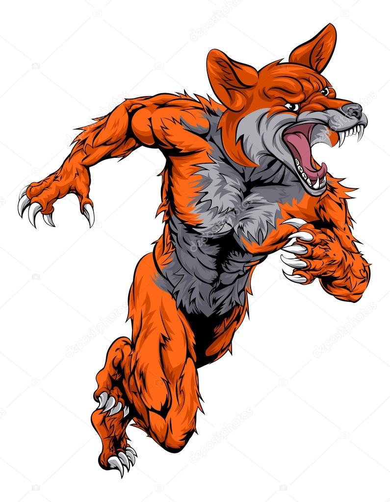 An illustration of a fox animal sports mascot cartoon character sprinting