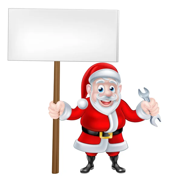 Cartoon Santa Holding Sign and Spanner — Stock Vector