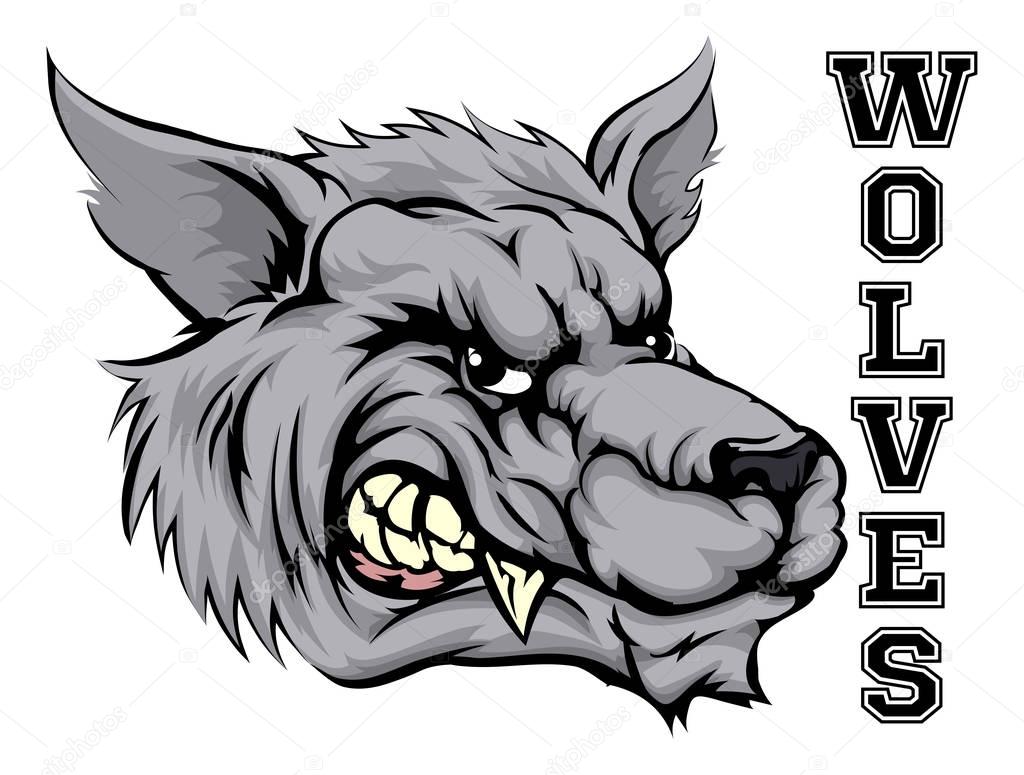 An illustration of a Wolf sports mascot head with the word Wolves