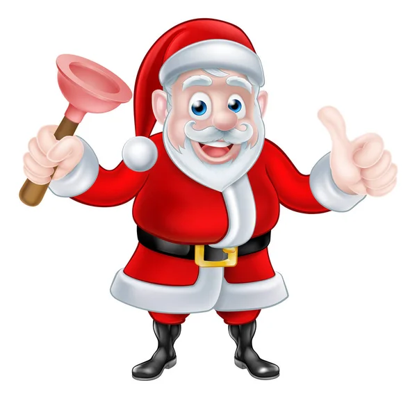 Cartoon Santa Giving Thumbs Up and Holding Plunger — Stock Vector