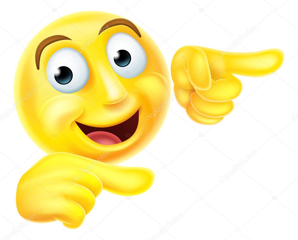 A happy emoji emoticon smiley face character pointing with both hand
