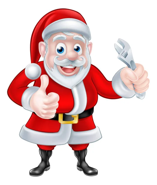 Cartoon Santa Thumbs Up en bedrijf moersleutel Spanner — Stockvector