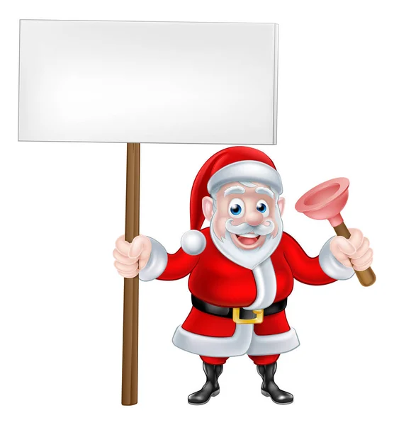 Cartoon Santa Holding Sign and Plunger — Stock Vector