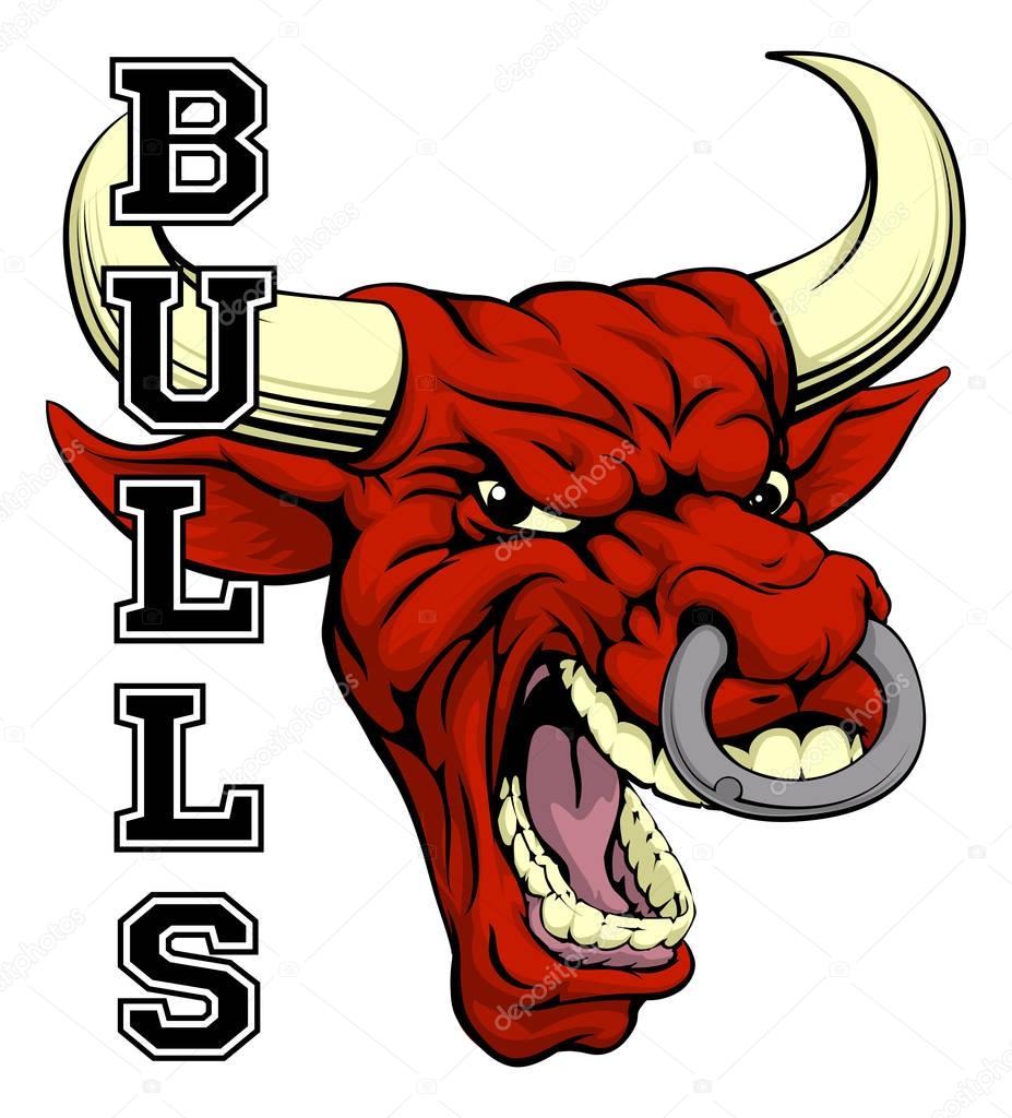 An illustration of a bull sports mascot head with the word bulls