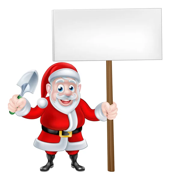 Cartoon Santa Holding Trowel and Sign — Stock Vector