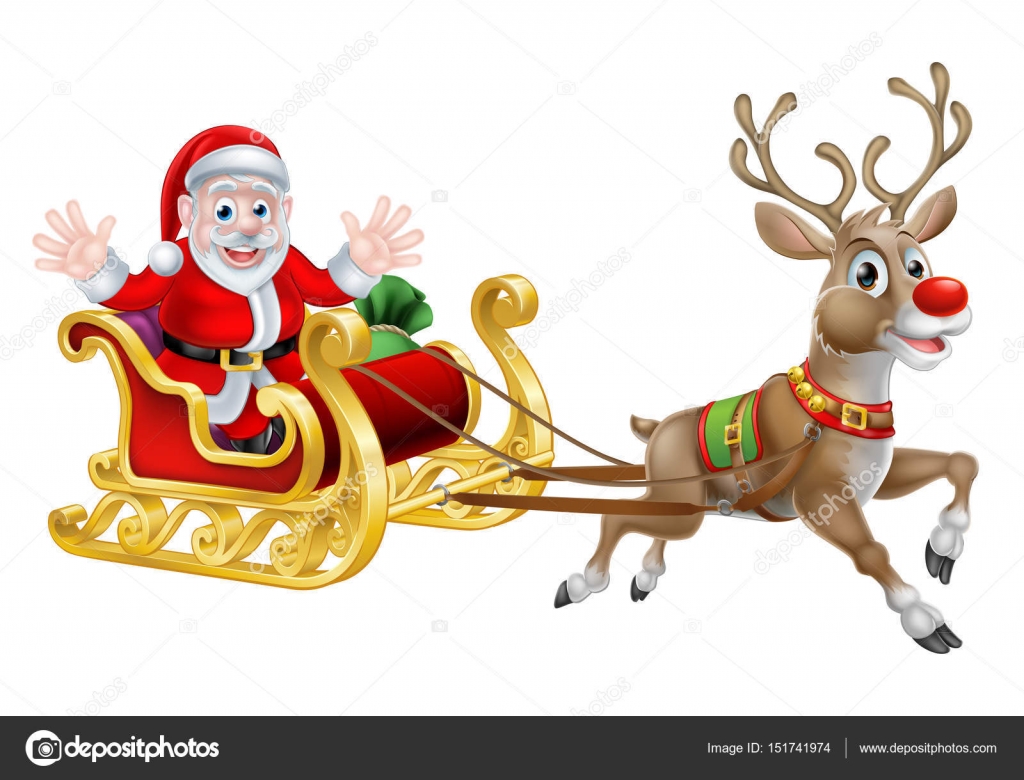 Cartoon of Santa and his reindeer with his Christmas sled — Vector by Krisdog