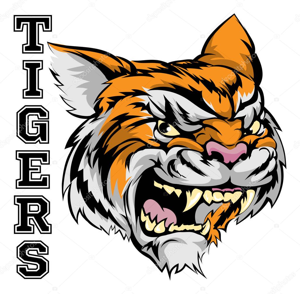 An illustration of a tiger sports mascot head with the word tigers