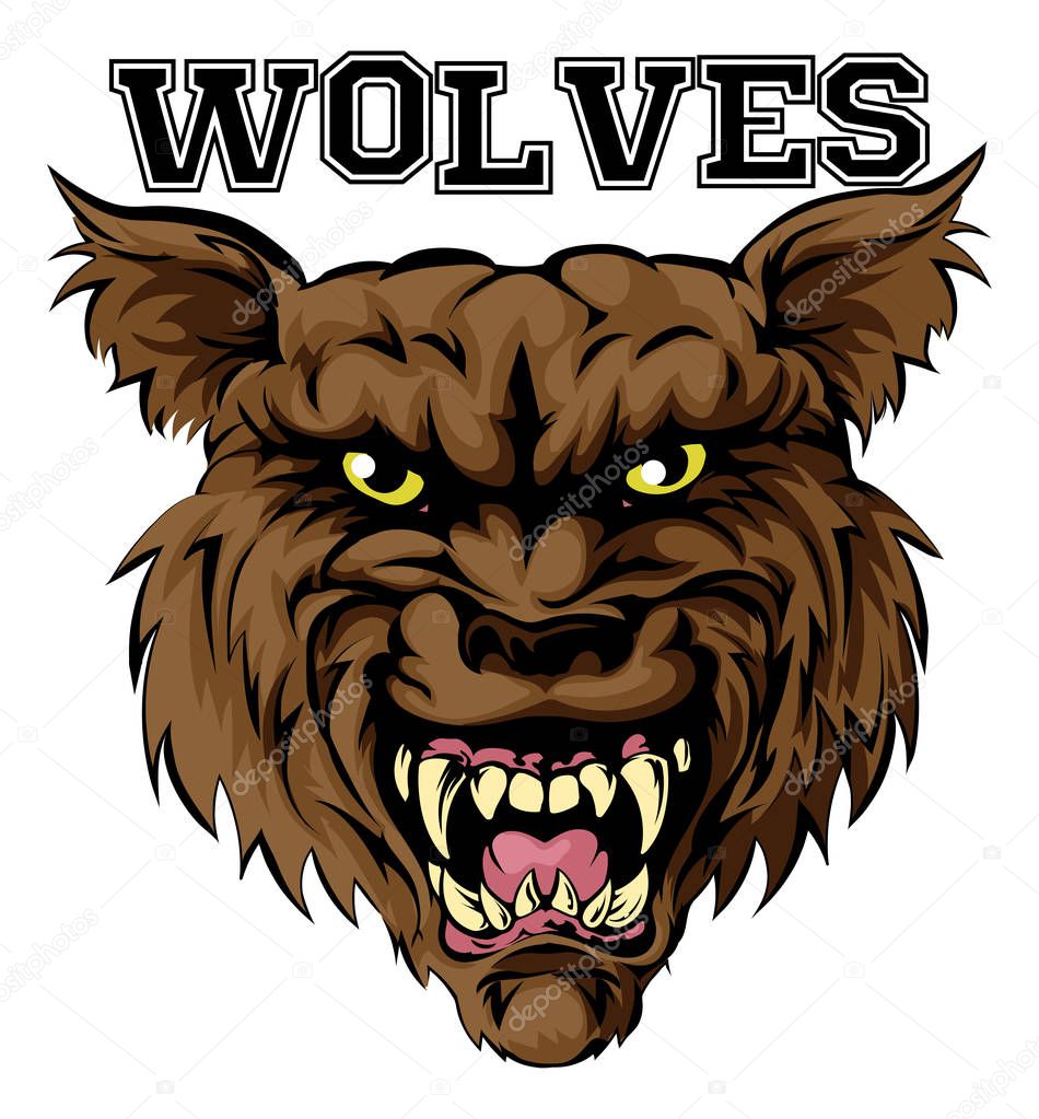 An illustration of a Wolf sports mascot head with the word Wolves