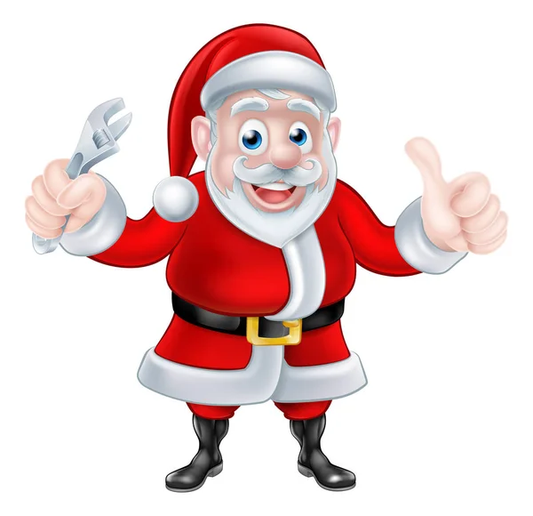 Cartoon Santa Thumbs Up and Holding Wrench Spanner — Stock Vector
