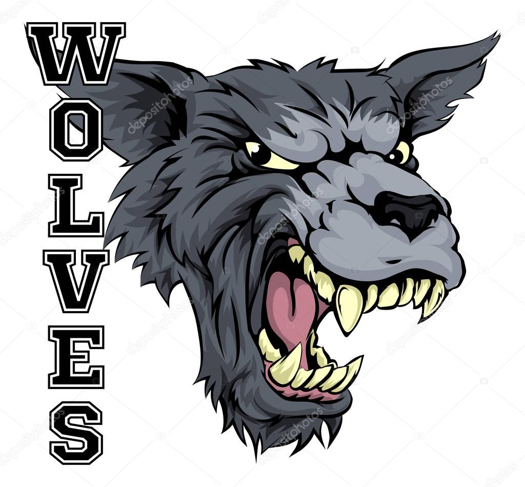 An illustration of a Wolf sports mascot head with the word Wolves