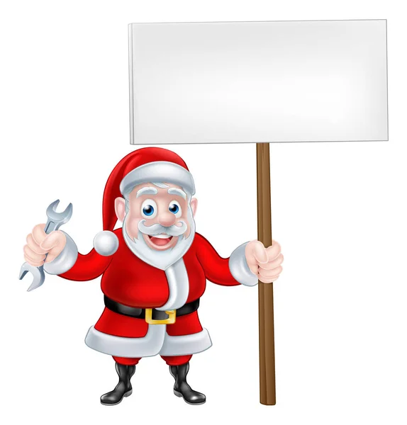 Cartoon Santa Holding Spanner en teken — Stockvector