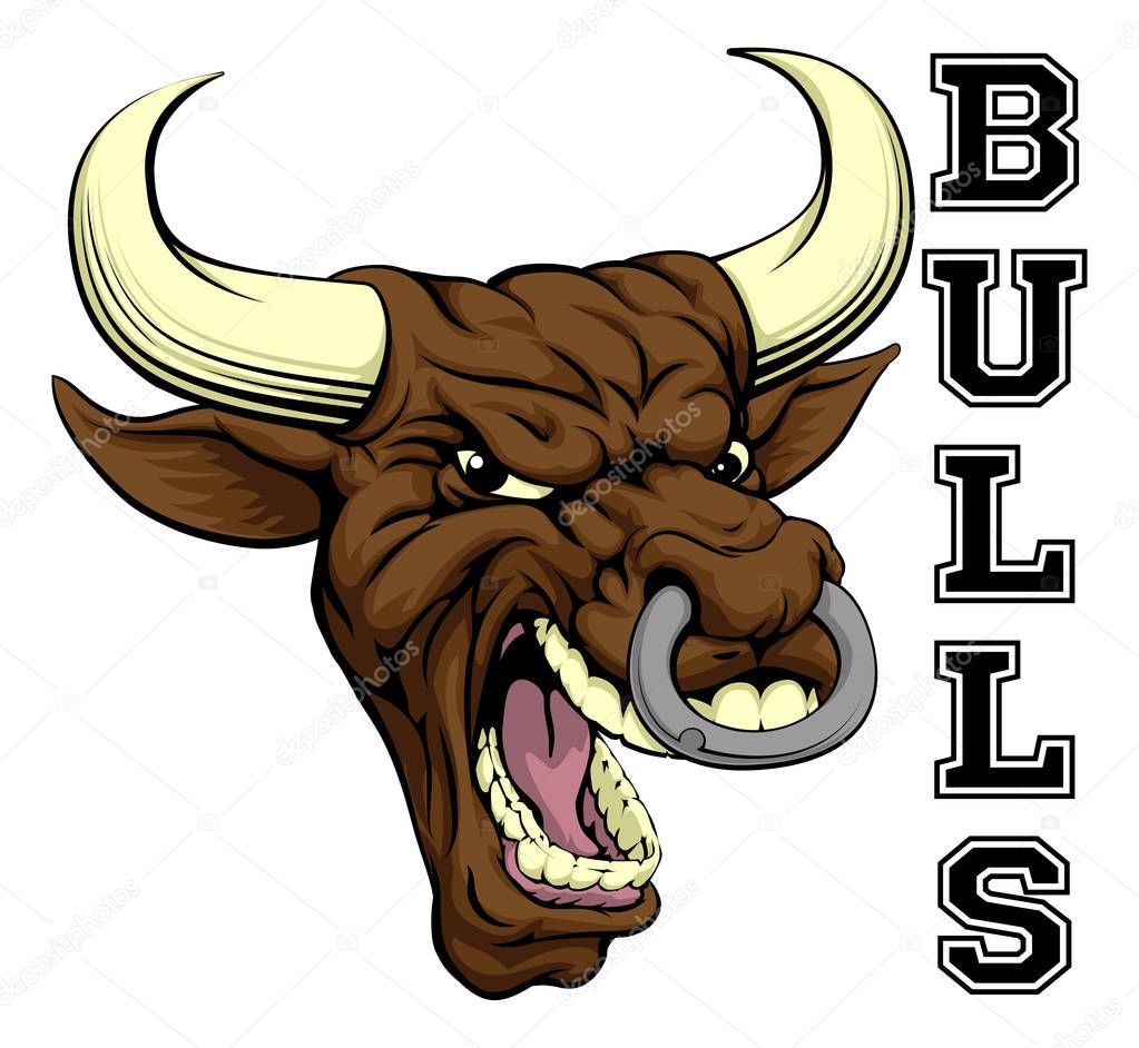 An illustration of a bull sports mascot head with the word bulls