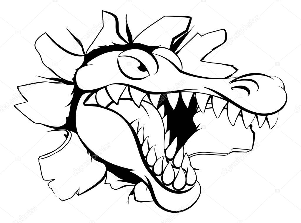 A cartoon crocodile or alligator mascot head smashing through a wall