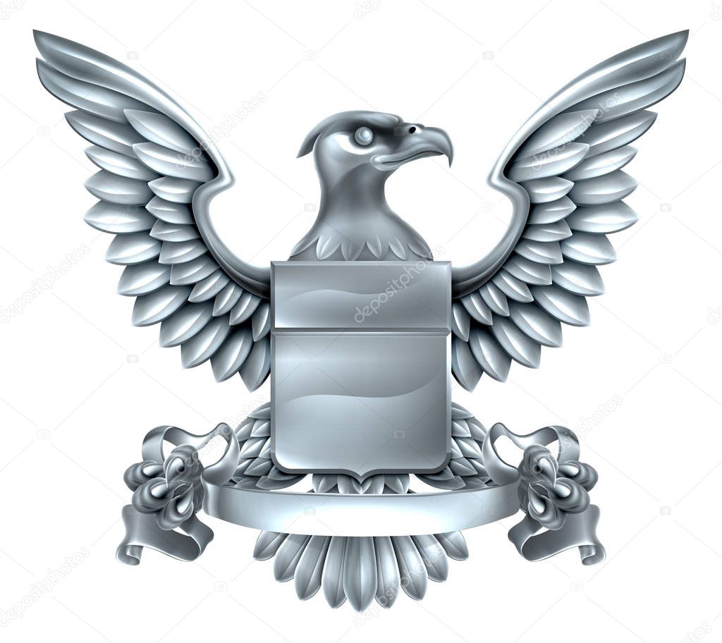 An eagle silver metal shield heraldic heraldry coat of arms design with a banner scroll.