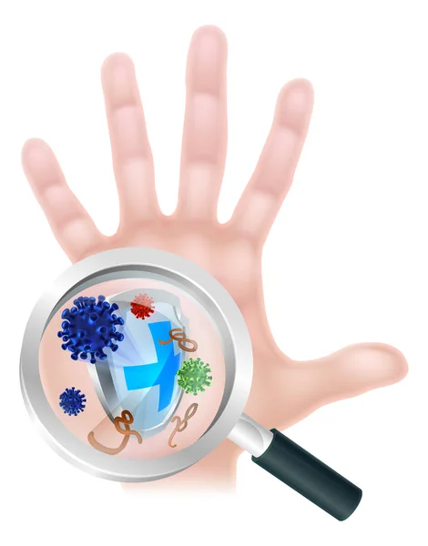 Bacteria Virus Magnifying Glass Hand Shield — Stock Vector