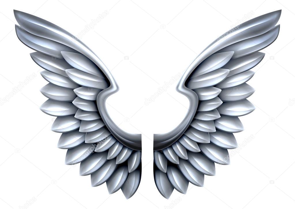 A pair of steel or silver shiny metal wings