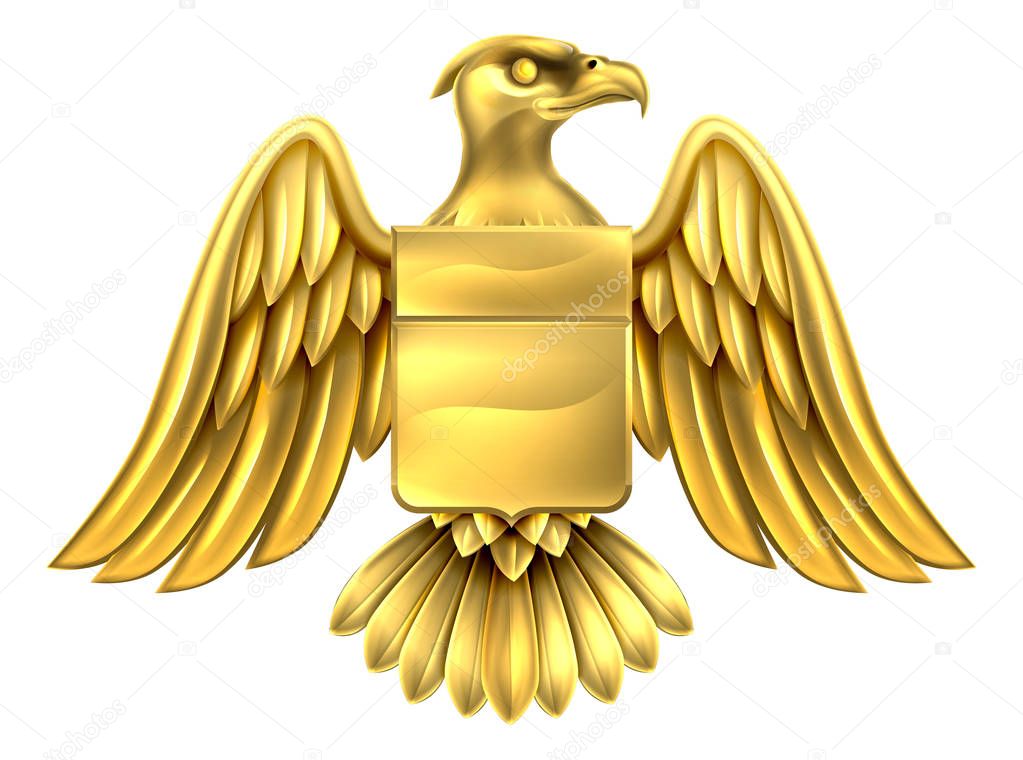 An eagle gold metal shield heraldic heraldry coat of arms design.