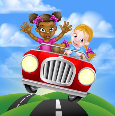 Cartoon Girls Driving Car clipart