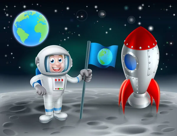 Γελοιογραφία Astronaut και Rocket στη Σελήνη — Διανυσματικό Αρχείο