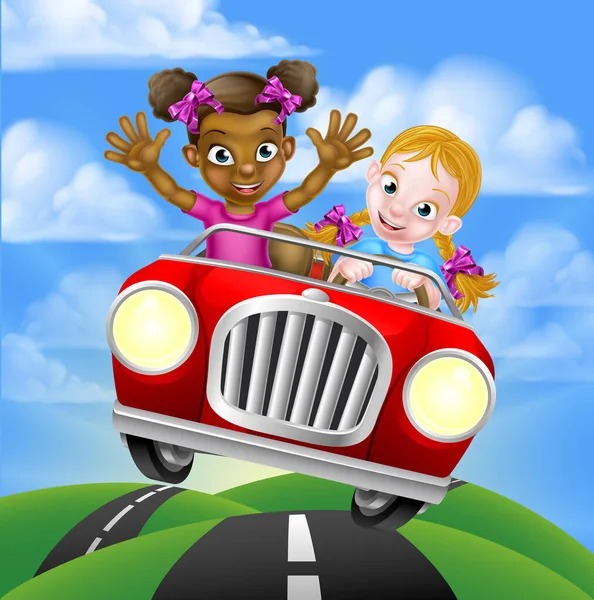 Cartoon meisjes rijden auto — Stockvector