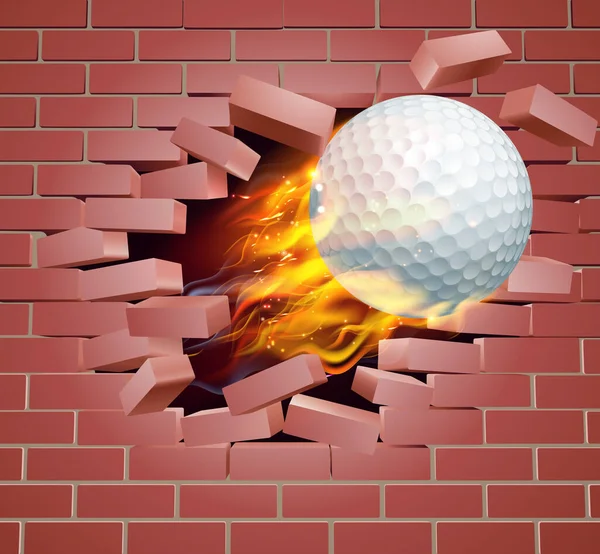 Flaming Golf Ball Breaking Through Brick Wall — Stockvector