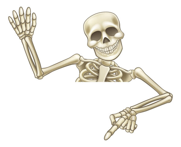 Pointing and Waving Cartoon Skeleton