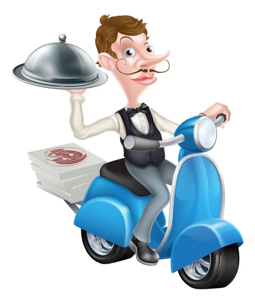 Camarero de dibujos animados en scooter ciclomotor entrega de alimentos — Vector de stock