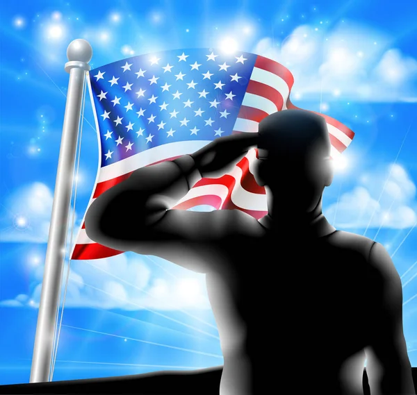 Silhouette Soldat saluant drapeau américain — Image vectorielle