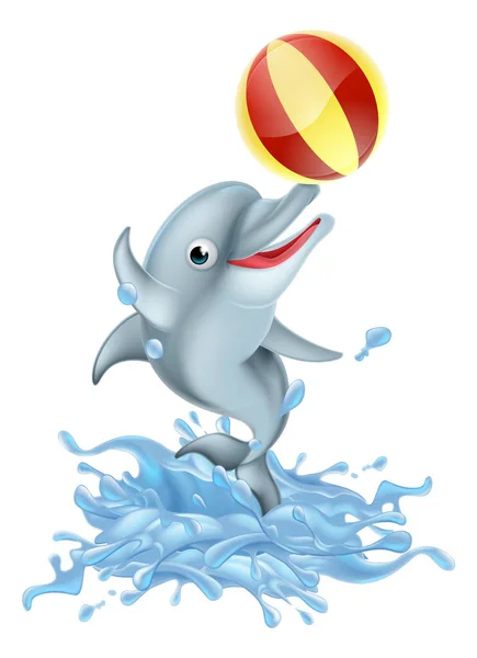 Γελοιογραφία πιτσιλίσματος δελφίνι Παίζοντας με μπάλα — Διανυσματικό Αρχείο