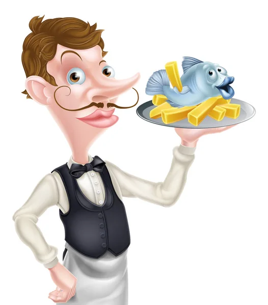 Butler Holding Bandeja de pescado y patatas fritas — Vector de stock