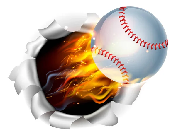 Flaming Baseball Ball Tearing a Hole in the Background — Stock Vector