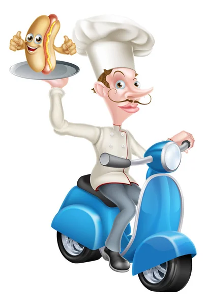 Cartoon Chef on Scooter Moped Delivering Hotdog — Stock Vector