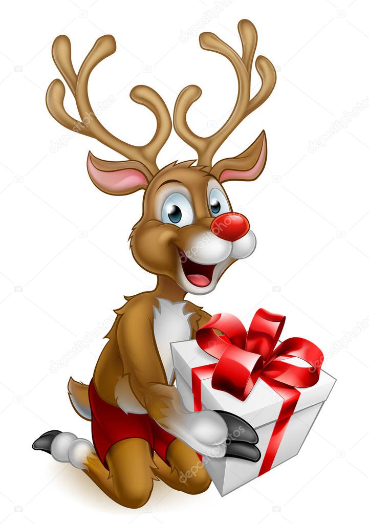 Santas Christmas Reindeer Holding a Gift