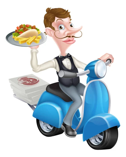 Cartoon Waiter on Scooter Moped Delivering Kebab — Stock Vector
