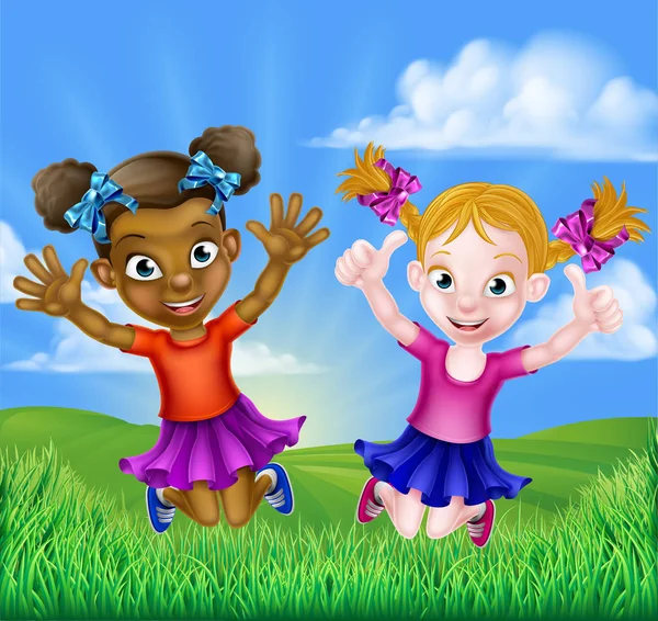 Happy Cartoon Girls Jumping — Stockový vektor