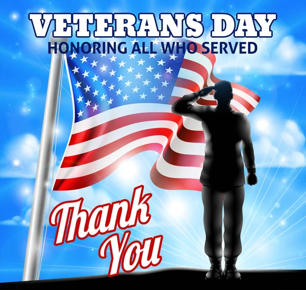 Veterans Day Silhouette Soldier Saluting American Flag — ストックベクタ