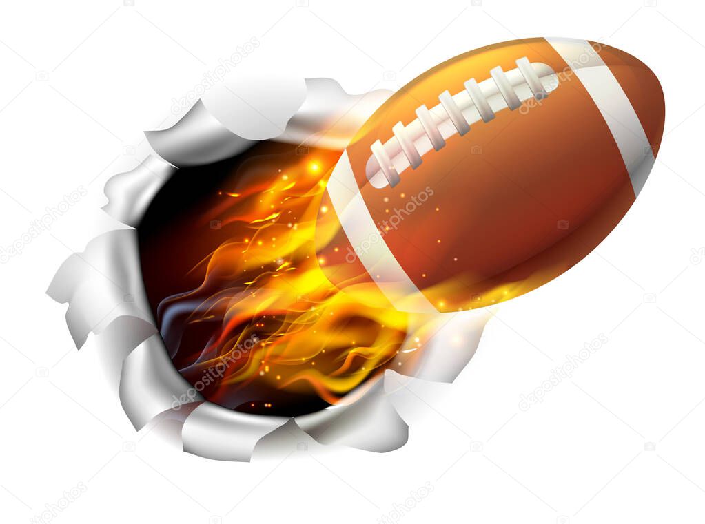 An illustration of a burning flaming American Football ball on fire tearing a hole in the background