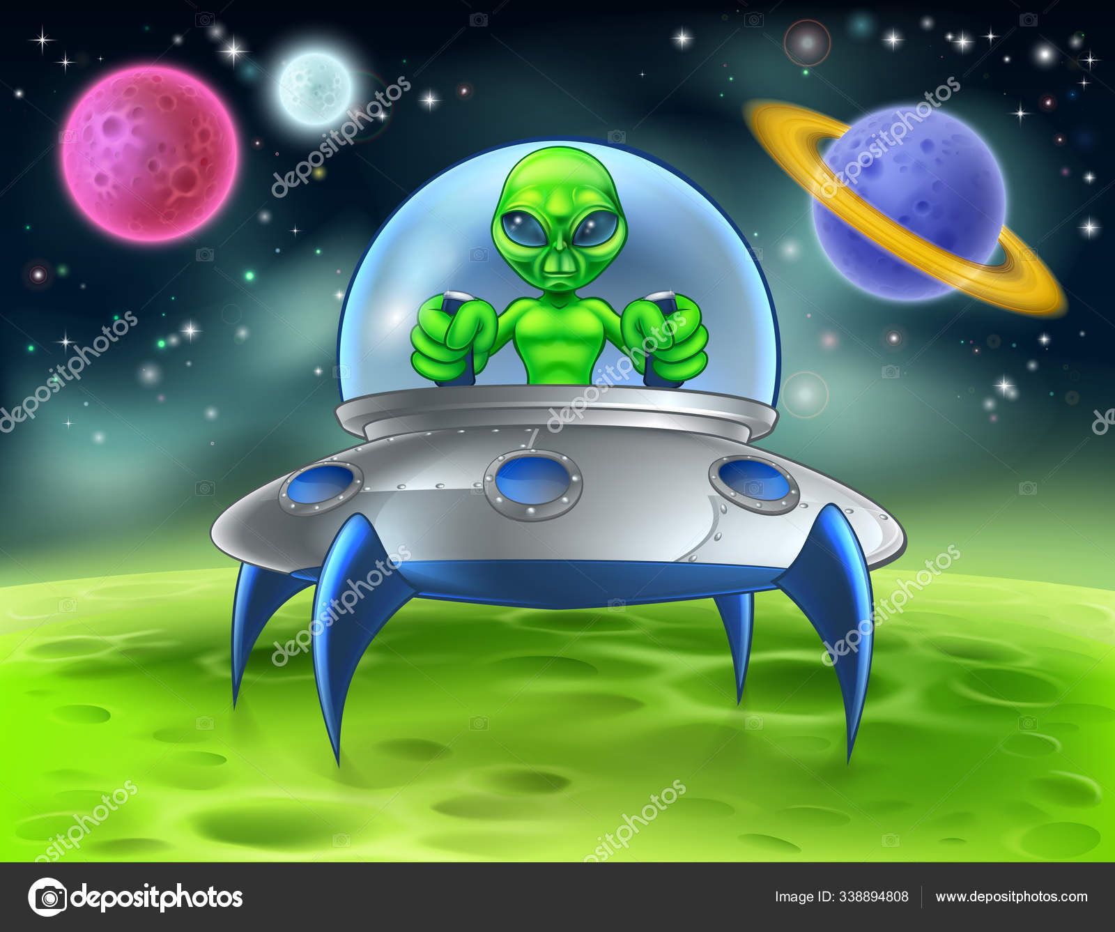 Cartoon Alien UFO Flying Saucer on Planet Stock Vector Image by ©Krisdog  #338894808