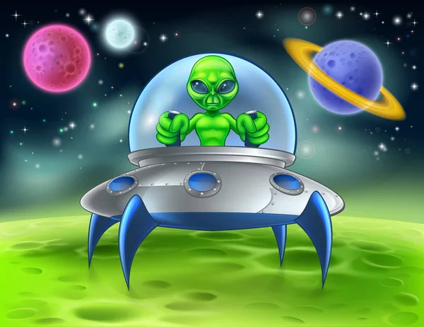 Cartoon Alien UFO Flying Saucer on Planet