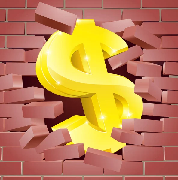 Dollar Sign Breaking Through Brick Wall — 스톡 벡터
