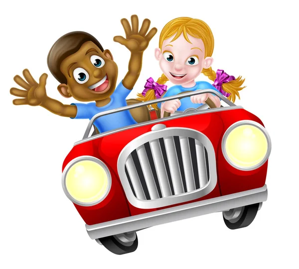 Cartoon jongen en meisje in de auto — Stockvector