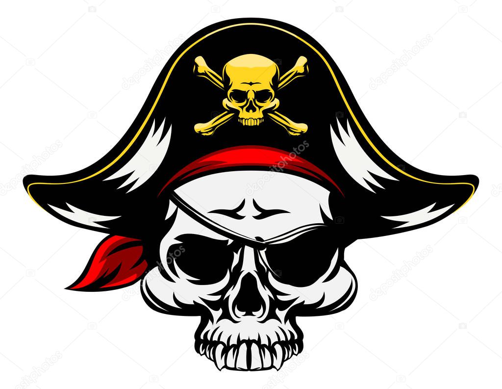 A pirate Skull wearing a tricorn hat and an eyepatch