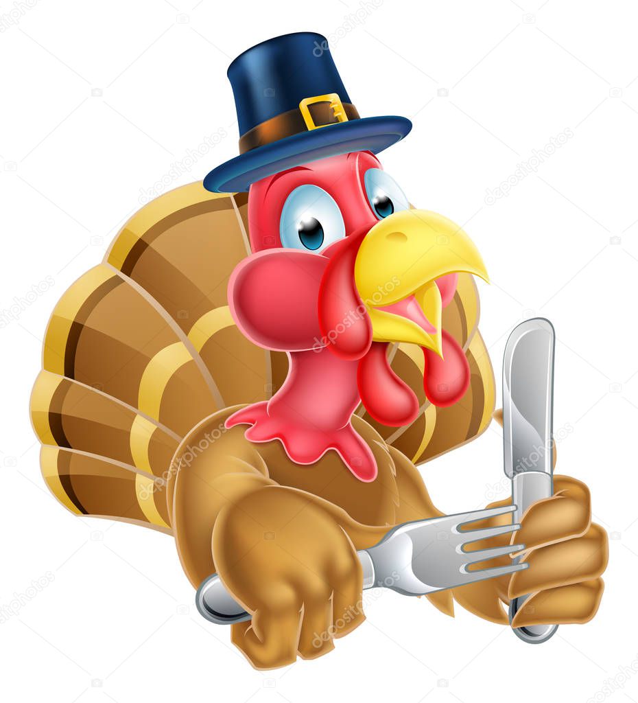 Cartoon Turkey in Thanksgiving Pilgrims Hat Holding Knife and Fo