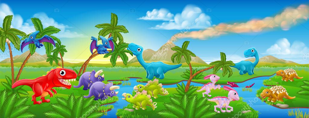 Cute Cartoon Dinosaur Scene Landscape Royalty Free Stock Vectors