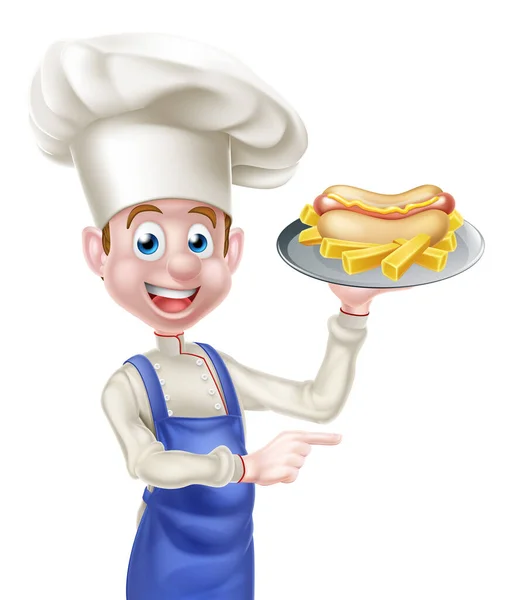 Chef cartone animato con puntamento hot dog — Vettoriale Stock