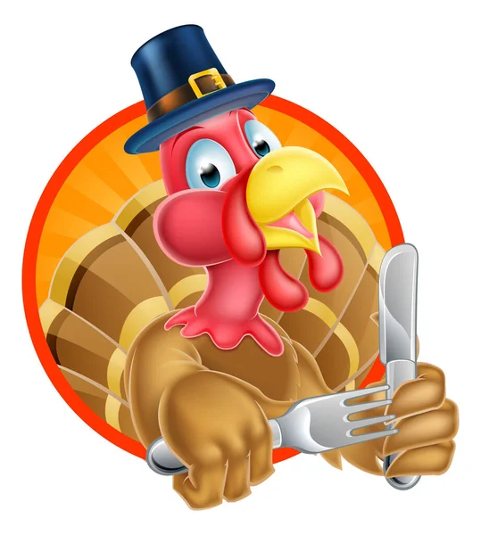 Turkey Bird in Pilgrims Hat Holding Knife and Fork — Stockvector